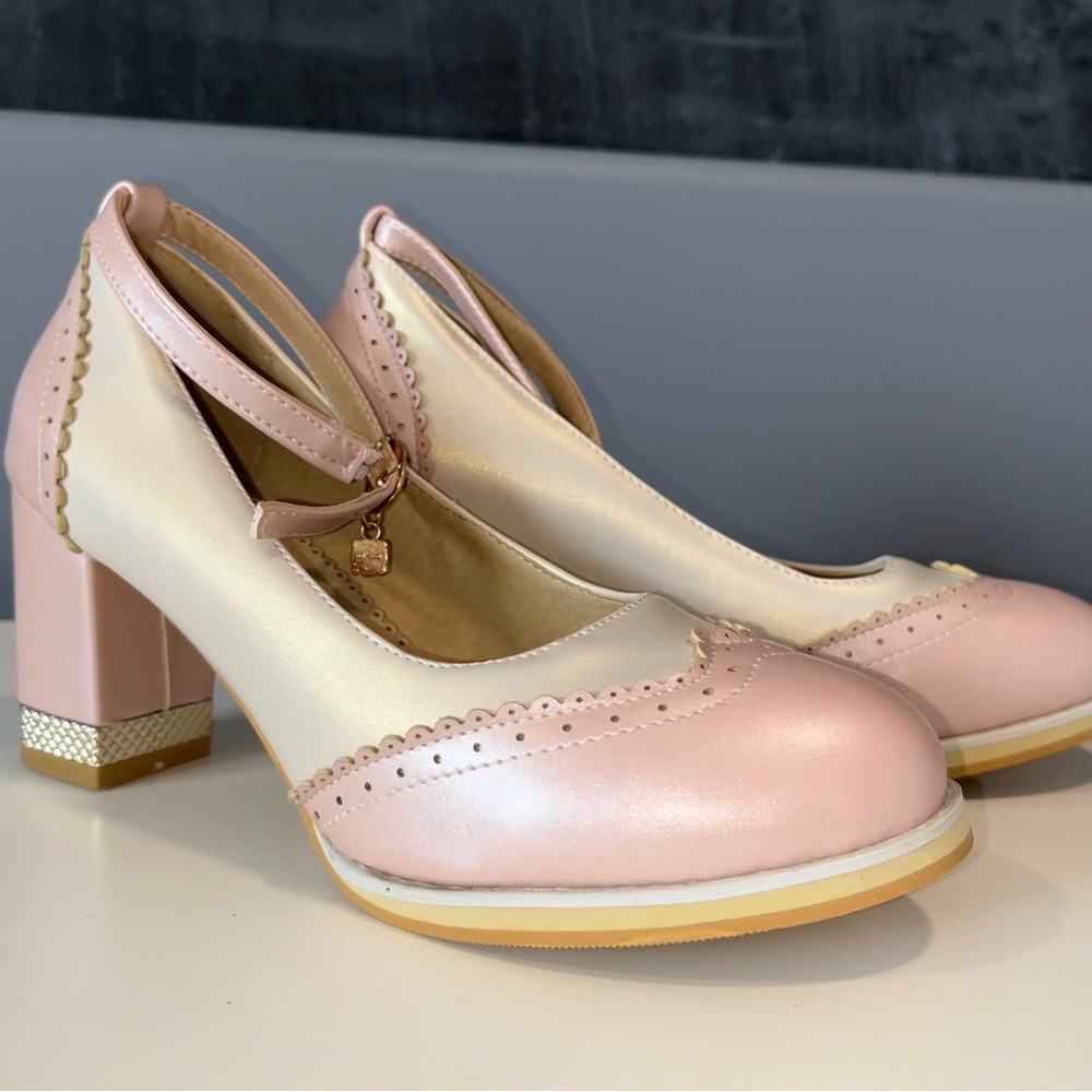 Pink and Ivory Vintage Style Chunky Heels - Never Worn - Size 39